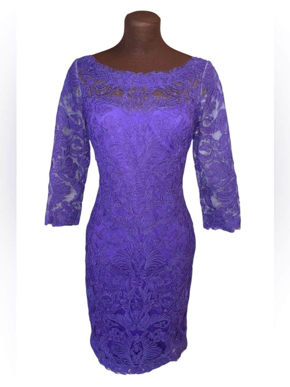 TADASHI SHOJI Purple Lace Sheer 3/4 Length Sleeve Midi Formal Cocktail Dress 2